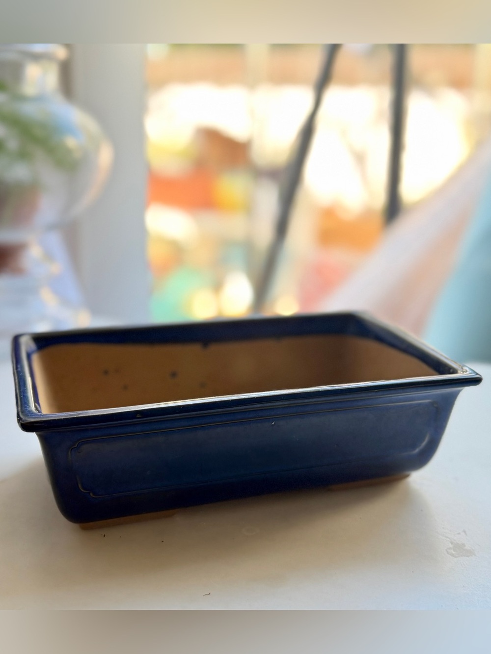 Vintage Mizutani Tokoname Japanese Bonsai Pot - Blue Glazed Rectangle 8.5"